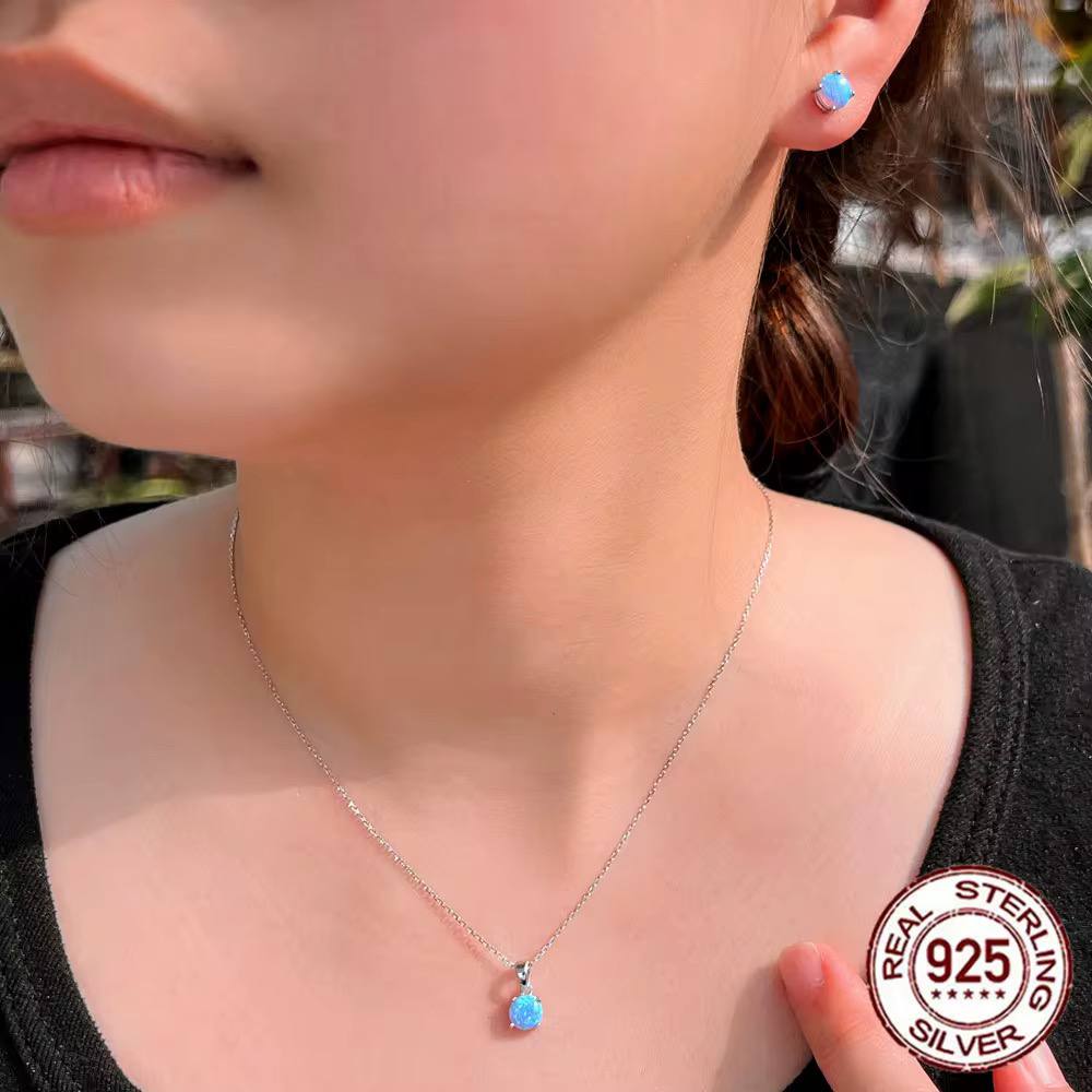 Ensemble Pendentif & Boucles d'oreilles en Argent Sterling 925 Opale Bleue Ronde Serti à Griffes