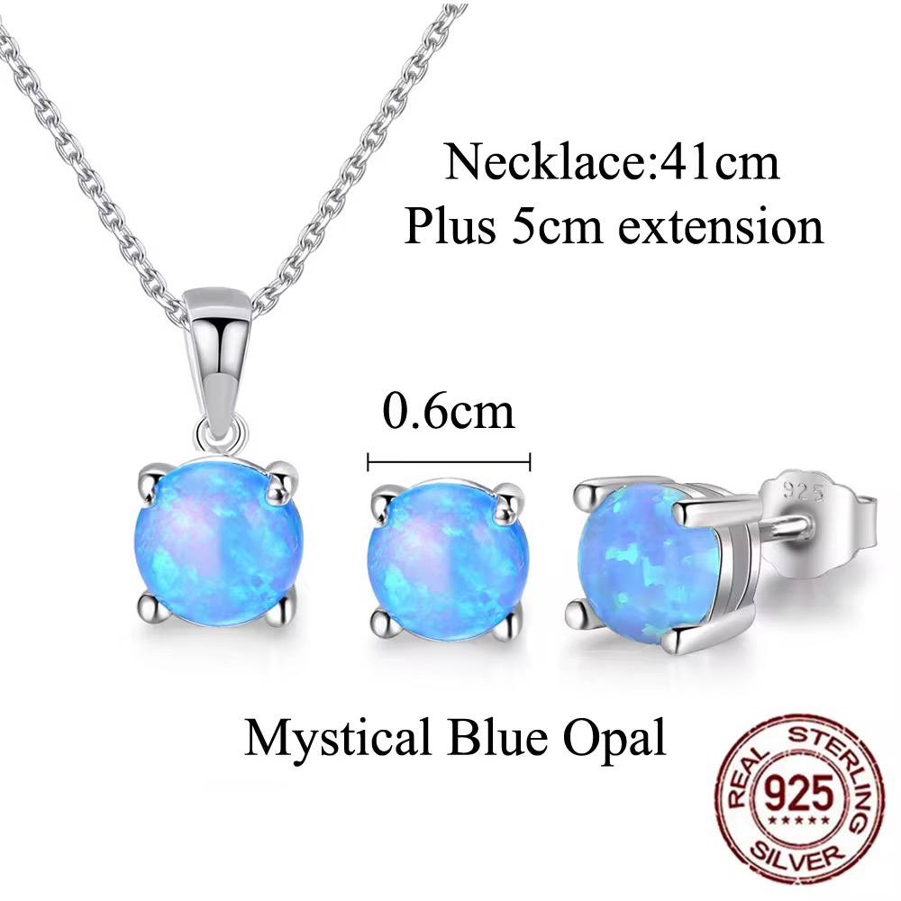 Ensemble Pendentif & Boucles d'oreilles en Argent Sterling 925 Opale Bleue Ronde Serti à Griffes – Image 3